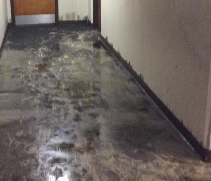 Hallway of a building with the floor covered in dirty, wet muck from a flood