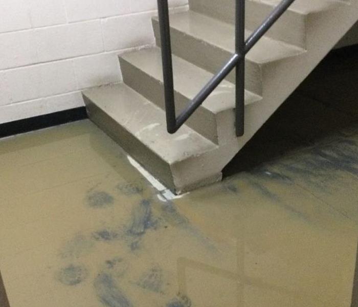 A stairwell in a commercial building with muddy water all over the floor